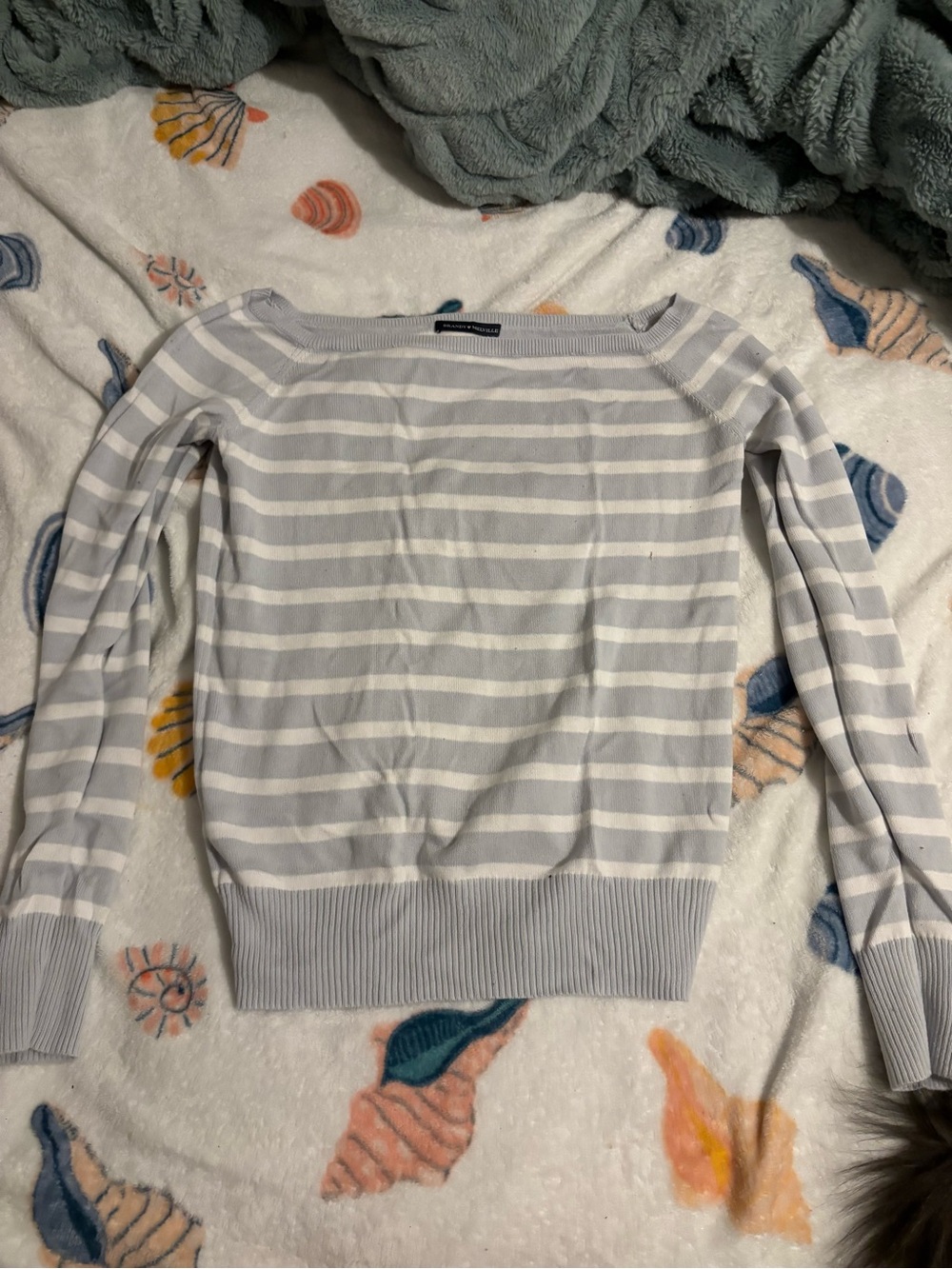 Brandy Melville Light Gray and White Striped Off-the-Shoulder Sweater